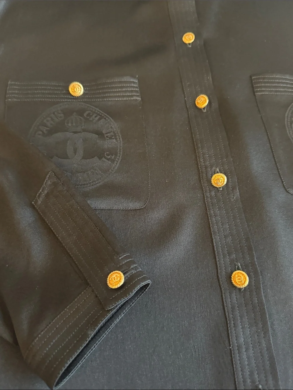 CHANEL Black Silk Bow-Collar Blouse with Gold CC Buttons